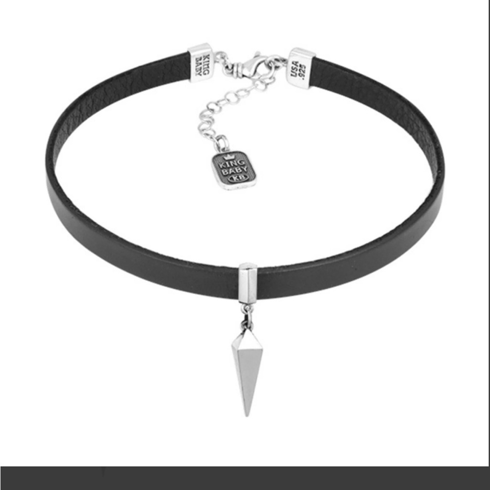 King Baby Studio Black Leather Necklace with Silver Spike Pendant